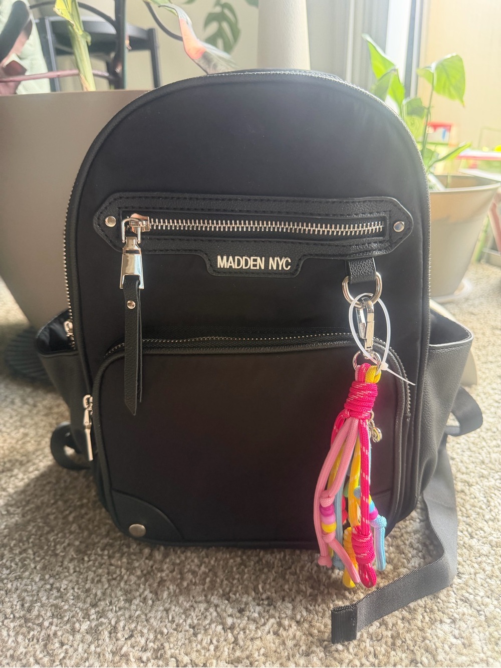 Madden NYC Black Mini Backpack with Colorful Tassel Charm